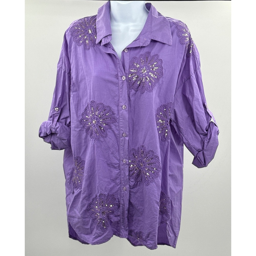 Rosa 99 Style Italy Purple Cotton Floral Sequin Embroidered Button Down Shirt - Picture 2 of 8